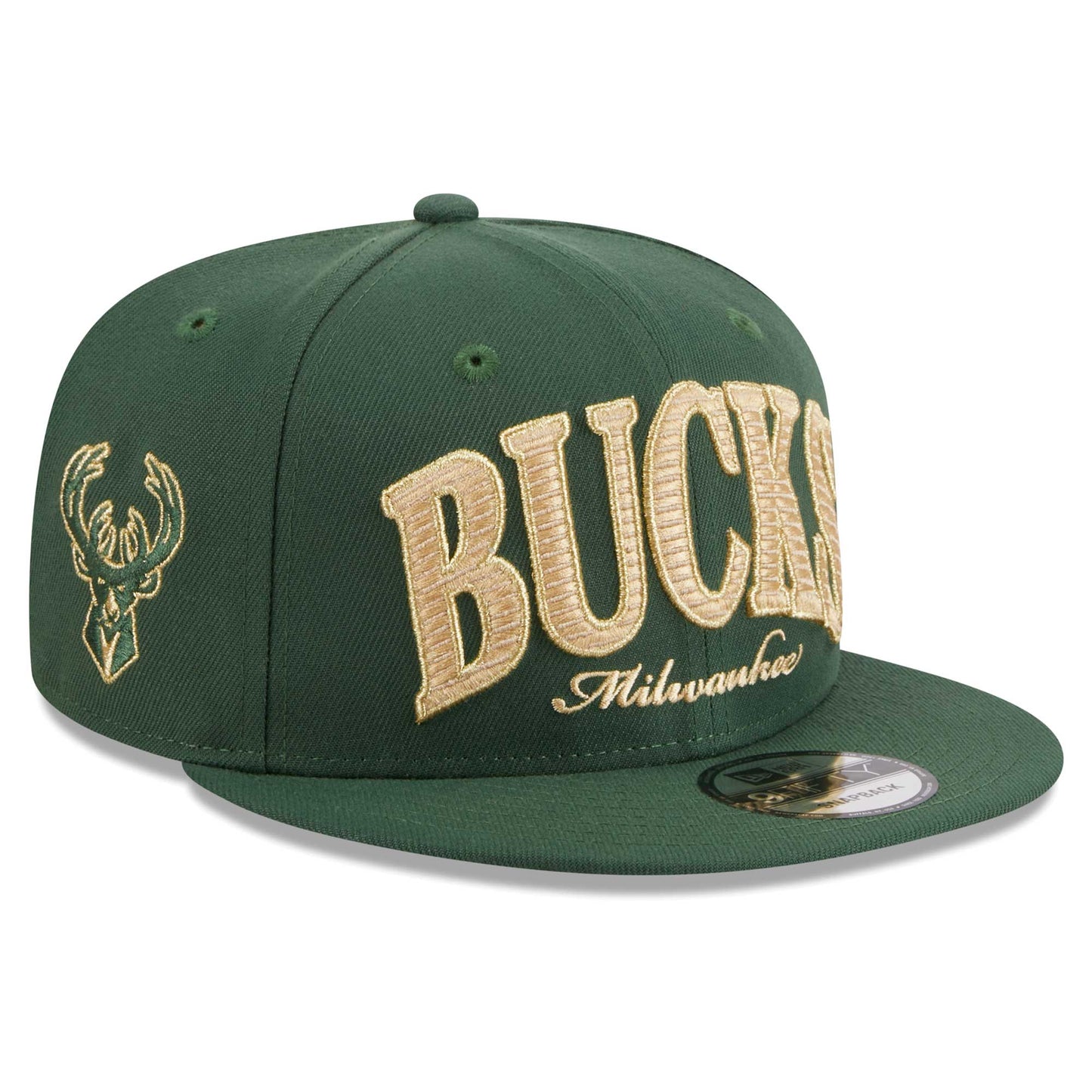 Milwaukee Bucks New Era Golden Tall Text 9FIFTY Snapback Hat - Hunter Green