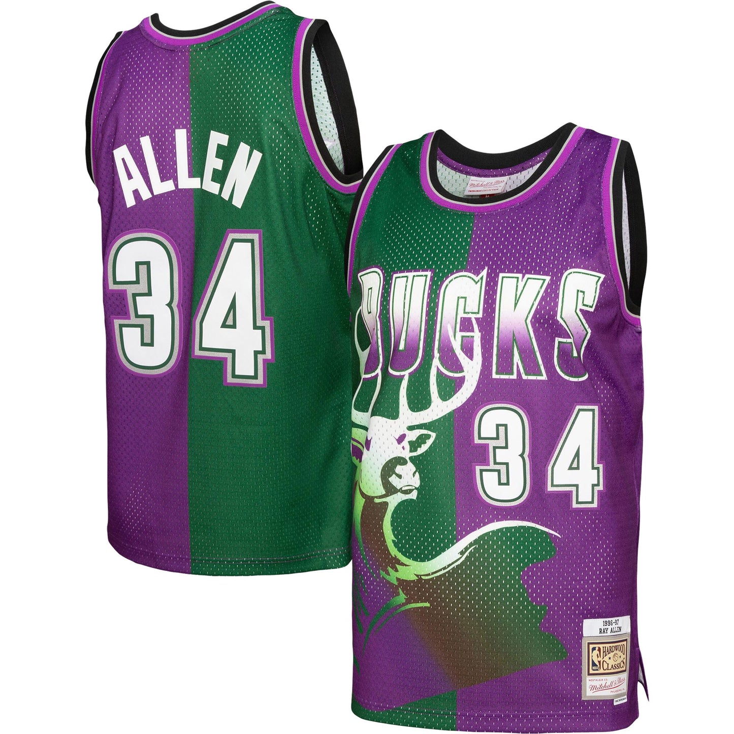 Ray Allen Milwaukee Bucks Mitchell & Ness Hardwood Classics 1996/97 Split Swingman Jersey - Green/Purple