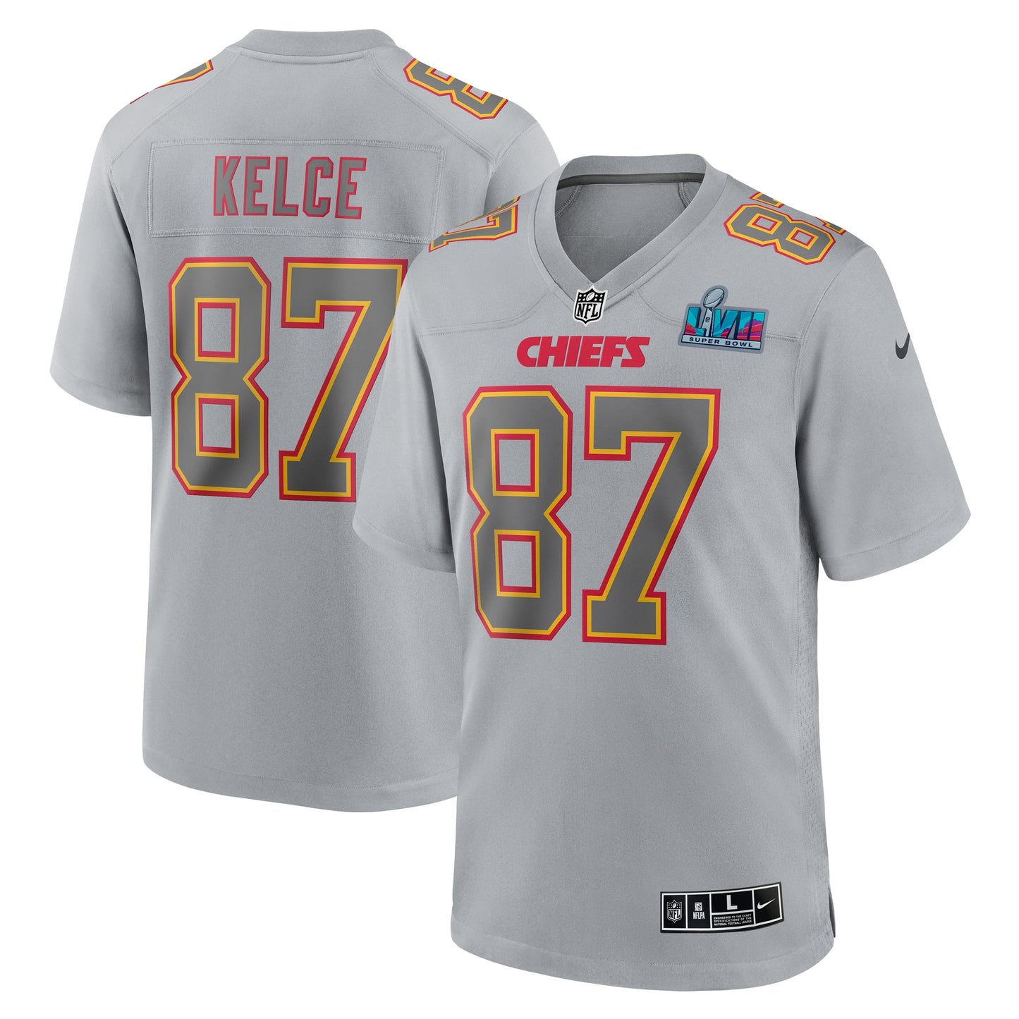 Travis Kelce Kansas City Chiefs Nike Super Bowl LVII Patch Atmosphere Fashion Game Jersey - Gray