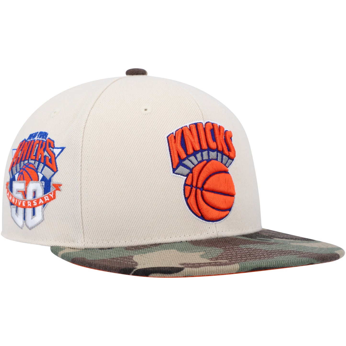 New York Knicks Mitchell & Ness Hardwood Classics 50th Anniversary Off White Camo Fitted Hat - Cream/Camo