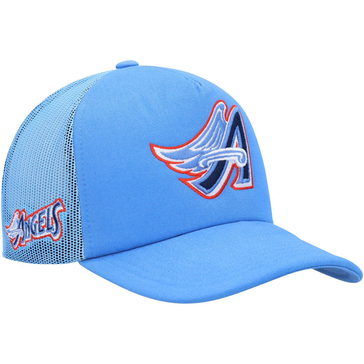 Los Angeles Angels Mitchell & Ness Curveball Trucker Snapback Hat - Light Blue